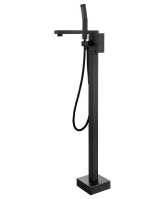 Wellfor Waterfall Floor Mounted Tub Faucet With Hand Held Shower, Matte Black