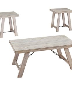 3 Pieces Coffee Table Set, Acacia Wood Construction & Metal Support, White Wash