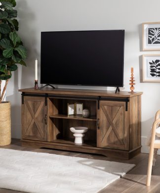 58" Farmhouse Sliding Barn Door TV Stand Media Console, Rustic Oak