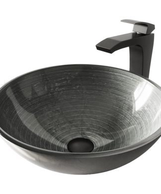 VIGO Simply Silver Glass Vessel Sink and Blackstonian Faucet Set, Matte Black