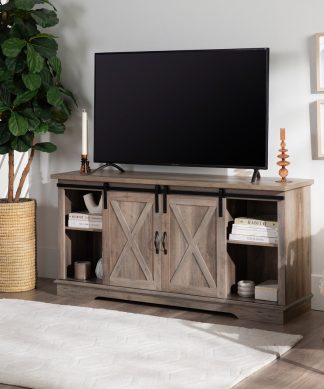 58" Farmhouse Sliding Barn Door TV Stand Media Console, Gray Wash