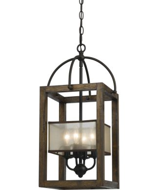 4 Light Mission Wood/Metal Chandelier, Dark Bronze Finish, Organza
