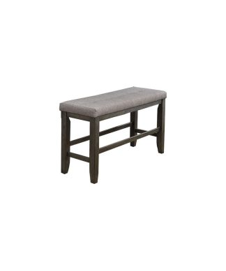 Wooden Counter Height Bench with Fabric Upholstered Seat, Brown and Gray