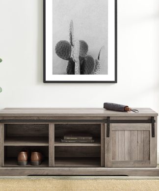 48" Sliding Grooved Door Entry Bench, Gray Wash