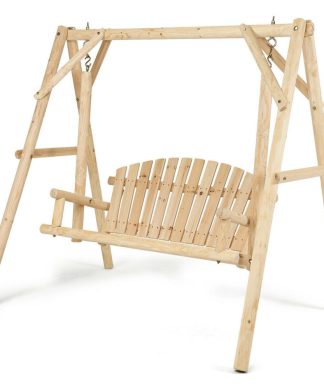 Wellfor Outdoor Wooden Porch Bench Swing Chair with Rustic Curved Back
