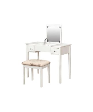 Wooden Vanity with Flip Top Mirror and Cushioned Stool in White and Beige