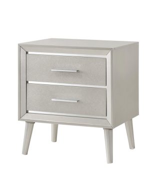2 Drawers Nightstand With Tapered Legs, Metallic Sterling