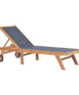 vidaXL Folding Sun Lounger with Wheels Solid Teak Textilene Garden Seating