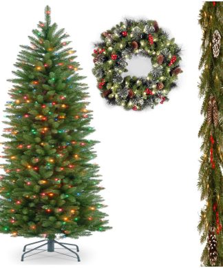 7-1/2' Pencil Tree Multi Lights With Frosted Berry Garland and Wreath