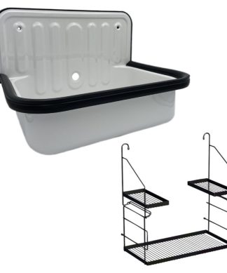 Wall Mounted Service / Utility Sink, White Glazed Steel, with Storage Caddy, Bla