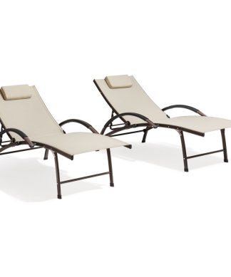 2PCS Outdoor Folding Reclining Chaise Lounge Chair, Tan