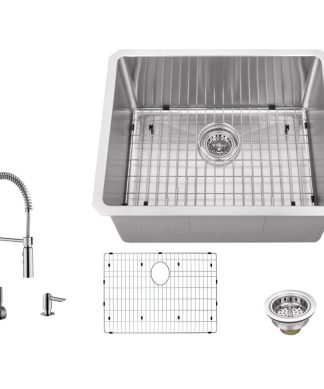 16-Gauge Radius Single Bowl Bar Sink, Pull Out Kitchen Faucet, Soap Dispenser