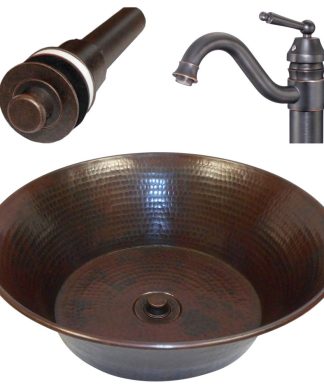 15" Round Copper Cazo Vessel Bath Sink with Lift-n-Turn DRAIN & Vessel Faucet