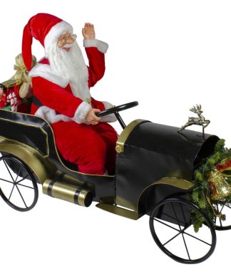 24" Santa Delivering Presents in a Black and Gold Vintage Car Christmas Decor