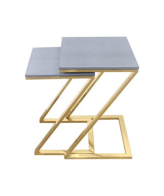 Walter Z-Leg Nesting Tables, Faux Shagreen and Gold Metal, 2 Piece Set