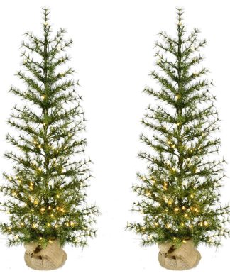 4' Farmhouse Fir Christmas Tree With Burlap Bag and Warm White LED Lights, Set o