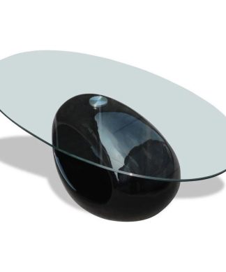 vidaXL Oval Coffee Table Nightstand Fiberglass High Gloss Black Base Glass Top