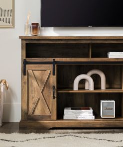52" Modern Farmhouse Sliding Barn Door Highboy TV Stand, Rustic Oak