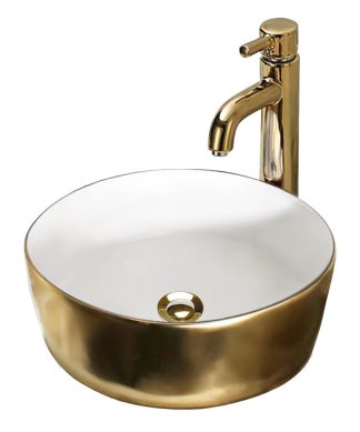White and Gold Round Vessel Sink 15-3/4"