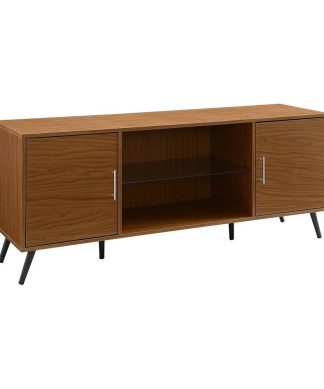 60" Mid Century Modern TV Console With Glass Shelf, Pecan