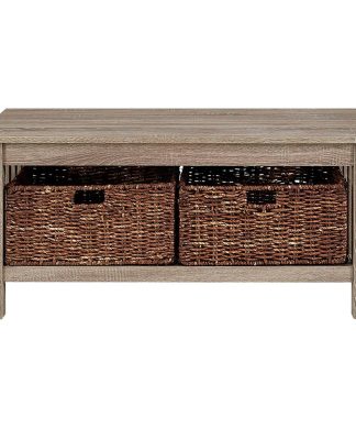40" Wood Storage Coffee Table With Wicker Totes, Driftwood