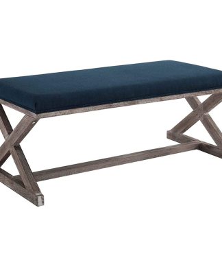 Vintage Bench, Trestle Base With X-Shaped Sides and Padded Navy Upholstered Seat