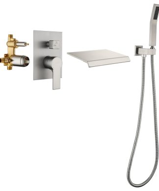 Wellfor Shower Combo Set, Waterfall Tub Spout and Hand Shower, Brushed Nickel