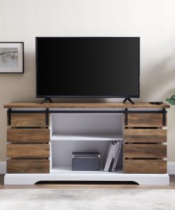 58" Farmhouse Sliding Slat Door TV Console, Reclaimed Barnwood
