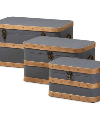 Yvetta Transitional Gray Upholstered and Oak Brown 3-Piece Storage Trunk Set