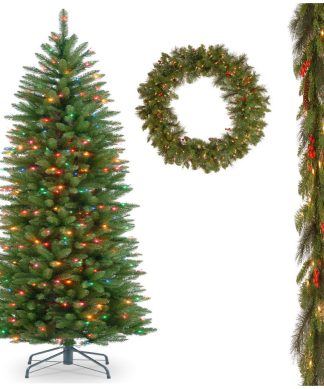 7-1/2' Pencil Tree Multi Lights With Garland and 36" Wreath