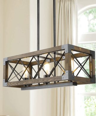 3-Light Farmhouse Wooden Chandeliers Linear Kitchen Island Lighting