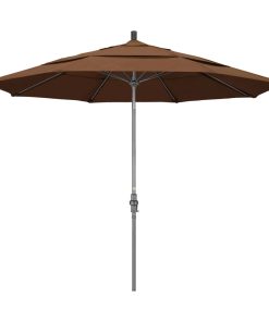 11' Grey Collar Tilt Crank Aluminum Umbrella, Teak Sunbrella