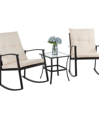 3 Pieces Patio Set, Square Glass Table & 2 Rocking Cushioned Chair, Black/Beige
