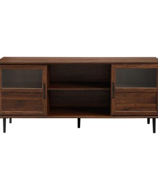 58" Glass & Wood Split Panel Door TV Console - Dark Walnut