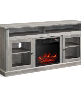 60" TV Stand Console With Shelves and Fireplace, Grey Wash