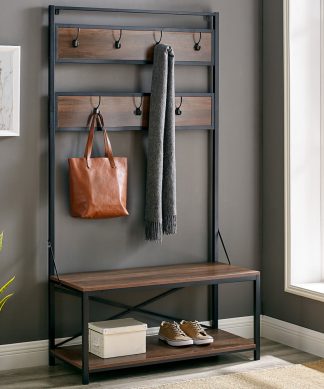 72" Industrial Metal and Wood Hall Tree, Rustic Oak