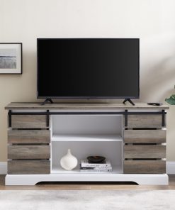 58" Farmhouse Sliding Slat Door TV Console, Gray Wash