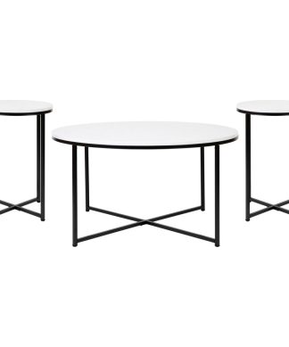 3 Piece Coffee and End Table Set, Crisscross Frame, White Marble and Matte Black