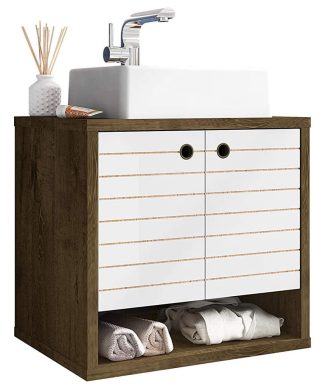 Wall Mounted Bathroom Sink, 2 Doors Cabinet & Faux Marble Sink, Brown/White