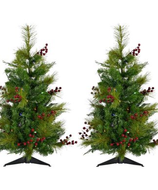 4.8' Newberry Pine Artificial Tree, Multi-Color Lights, Set of 2