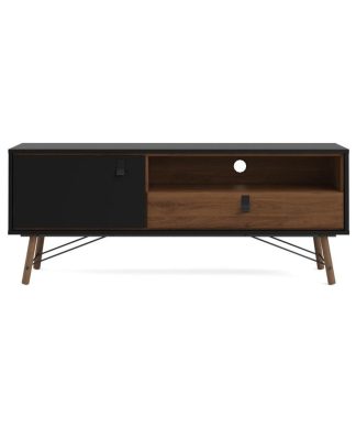 1 Door, 1 Drawer TV Stand with Open Shelf Black Matte/Walnut