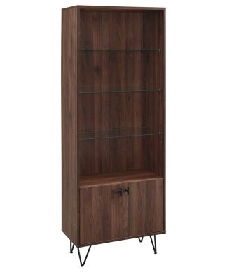 68" Mid-Century Modern Storage Cabinet with Glass Shelving, Dark Walnut
