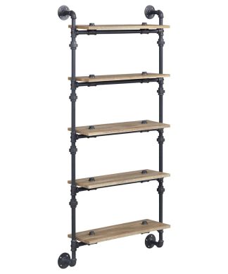 5 Tier Oak Wood Floating Shelf With Metal Tube, Sandy Black