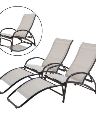 2PCS Outdoor Aluminum Adjustable Reclining Chaise Lounge Rocking Chairs, Tan