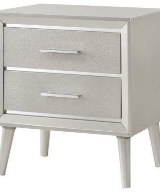 2 Drawer Contemporary Nightstand with Bar Handles and Splayed Legs, Silver