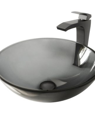 VIGO Sheer Black Glass Vessel Sink and Blackstonian Faucet Set, Matte Black