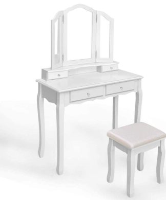 Vintage Makeup Vanity Set, Tri-Folding Mirror and Cushioned Stool, White