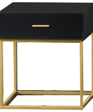 1 Drawer Wooden Nightstand with Metal Legs, Black and Gold