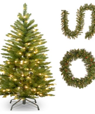 4-1/2' Pencil Tree With Norwood Fir Garland and 36" Crestwood Wreath