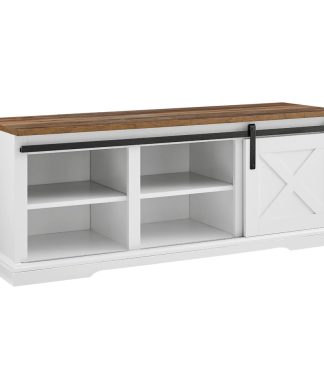 48" Sliding Barn Door Entry Bench with Storage - White/Rustic Oak